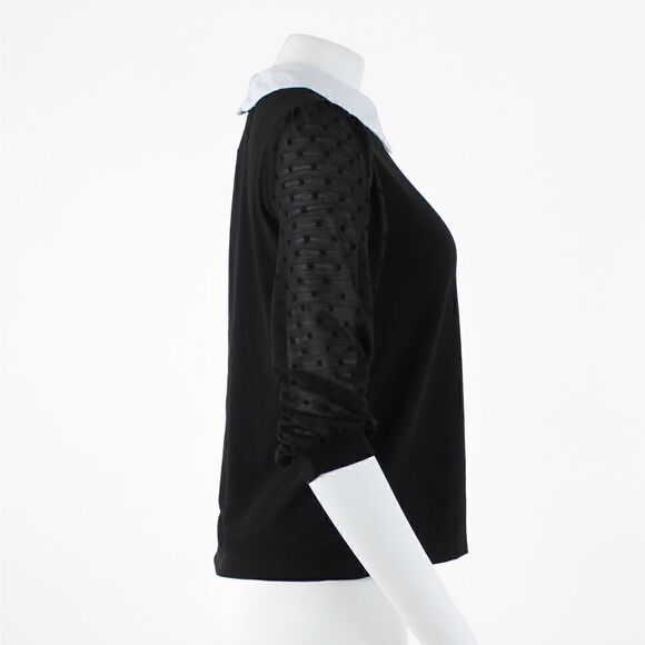 CeCe Collared Clip Dot Sleeve Top in Rich Black - Picture 5 of 6